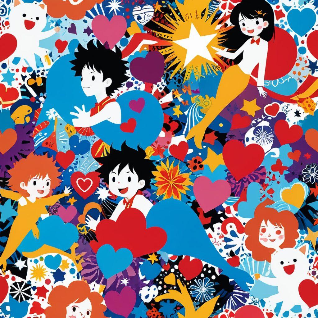 A vibrant collage featuring iconic animated characters in playful, exaggerated poses, surrounded by a kaleidoscope of colors and whimsical elements reflecting explicit themes in a tasteful manner. Incorporate playful symbols of desire, such as hearts and stars, without crossing into inappropriate territory. The background should blend fantasy and reality with art styles that evoke nostalgia, such as anime and cartoon aesthetics. Bright, bold colors and dynamic lines enhance the energetic vibe of the image. vector art. vibrant colors. white background.