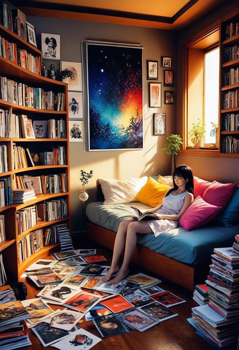 A visually captivating scene showcasing an array of erotic manga covers, artistically scattered on a textured surface. In the background, a cozy reading nook with soft lighting envelops the atmosphere, hinting at a sense of intrigue. Subtle features like open sketchbooks and colorful art supplies create an immersive experience, perfect for fans of adult anime. The image should exude an enticing allure, blending sensuality with artistry. vibrant colors. warm ambient light. detailed illustration.